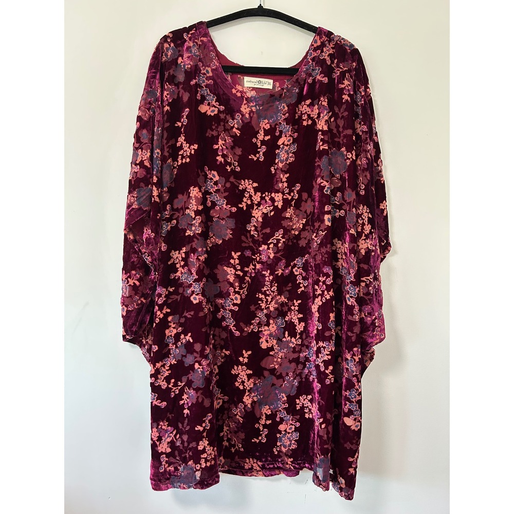 Natural Life XL Burgundy Floral Burnout Velvet Kimono Sleeve Tunic Dress Boho